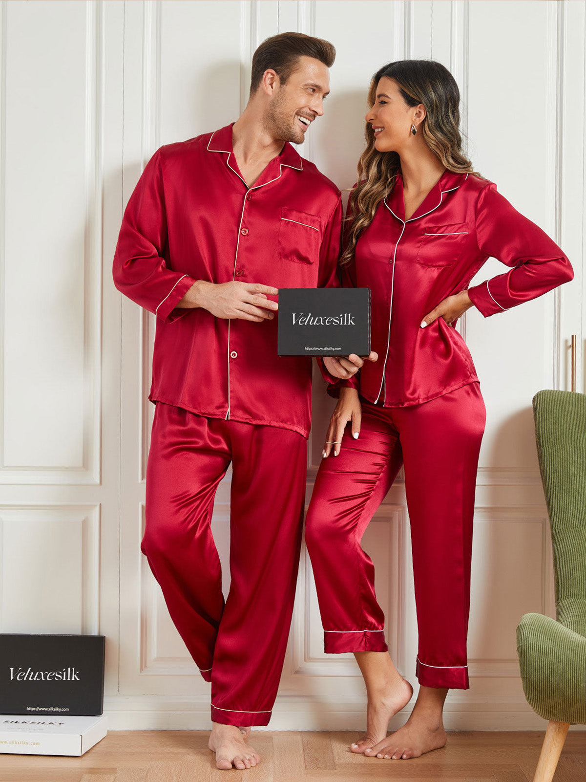 Couple Pure Silk Long Pajama Sets Total 4Pcs