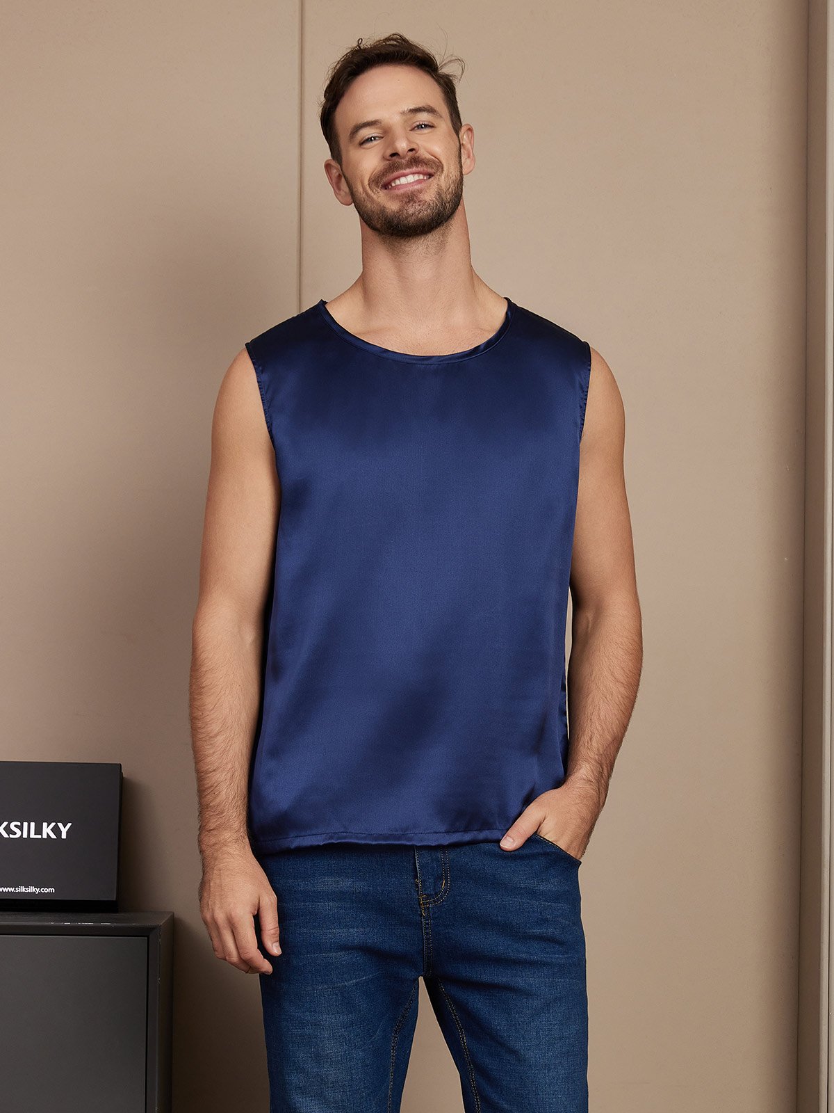 SilkSilky US Pure Silk Sleeveless Mens T Shirt DarkBlue 001