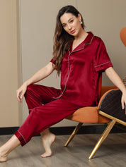 Piping Trim Pure Silk Pajamas Set 2Pcs