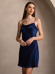 Pure Silk Solid Color Lounge Cowl Neck Short Dress