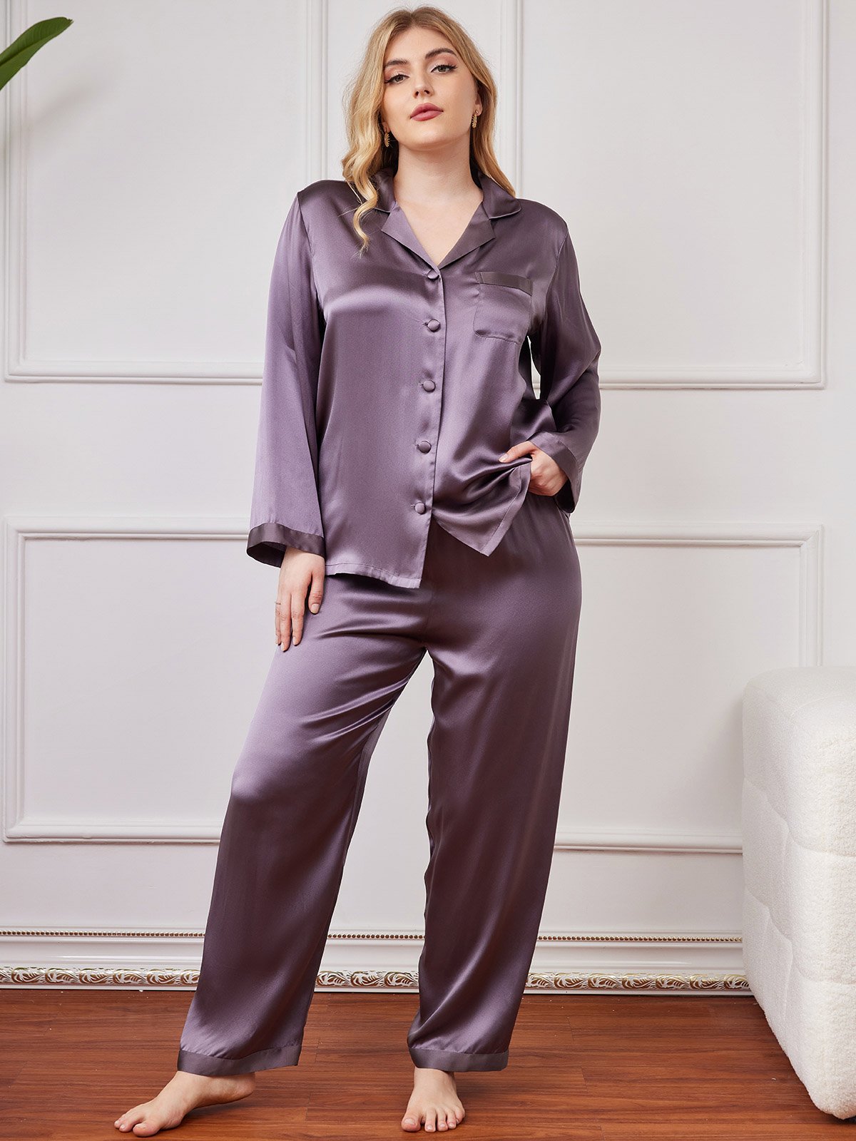 SilkSilky US Pure Silk Long Sleeve Lapel Plus Size Pajamas PurpleGray 001