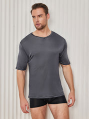 SilkSilky  Silk Knitted Short Sleeve V Neck Men's T-Shirt DarkGray 001