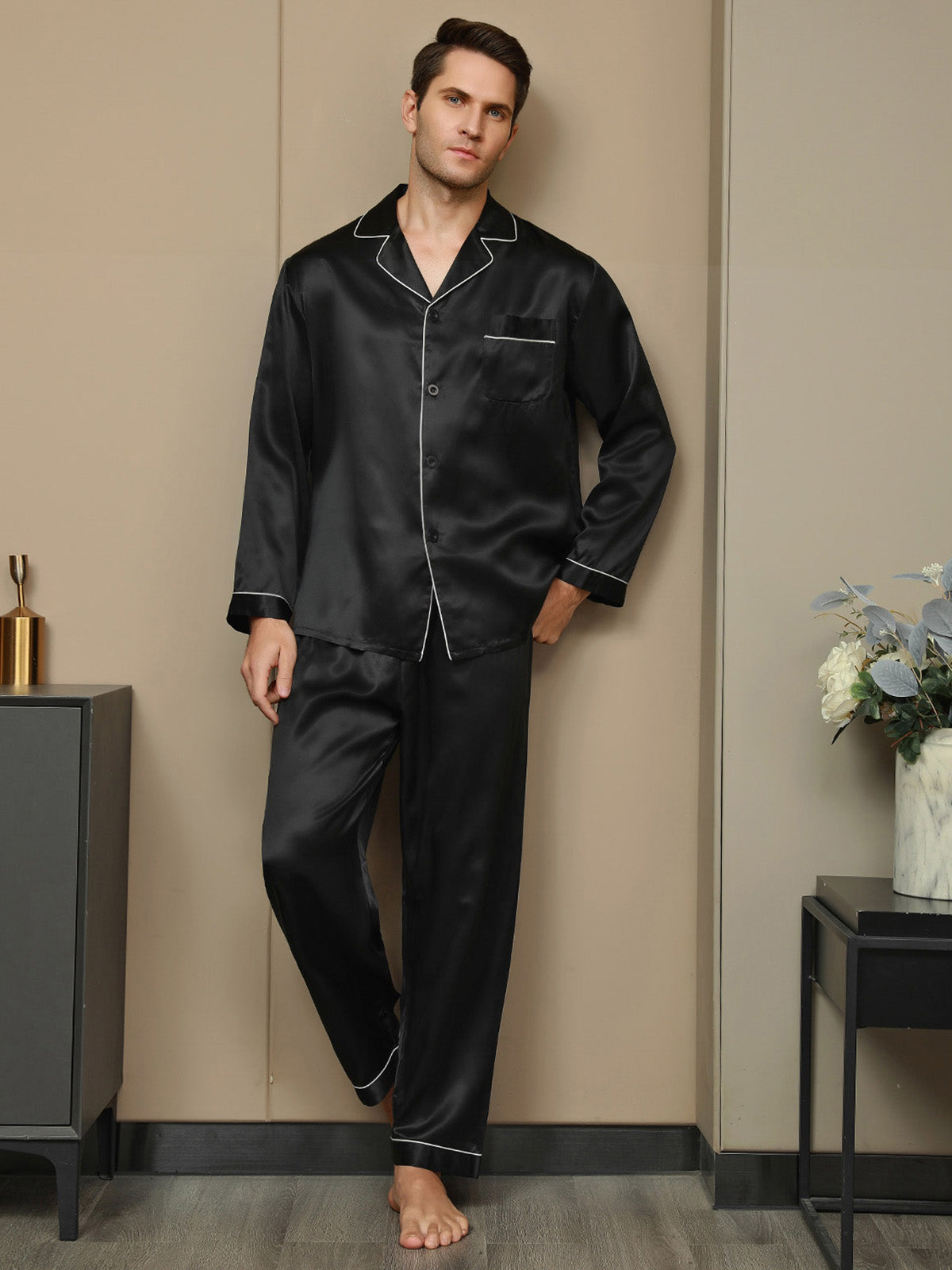 Luxurious Silk Men's Lapel Pajamas 2Pcs