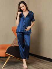 Piping Trim Pure Silk Pajamas Set 2Pcs