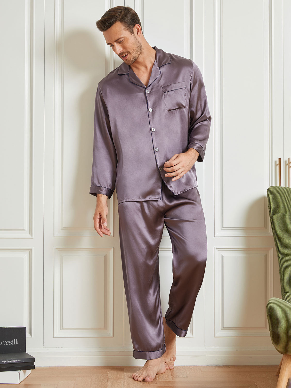 Luxurious Silk Men's Lapel Pajamas 2Pcs