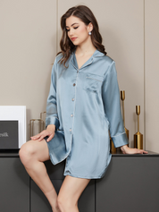 Pure Silk Solid Color Classic Button Up Nightshirt