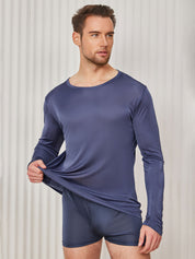 SilkSilky US Silk Knitted Long Sleeve Round Neck Men's T Shirt DarkBlue 001