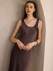 Pure Silk Solid Color Wide Strap Sleeveless Long Dress