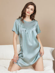 SilkSilky US Pure Silk Short Sleeve Round Neck Nightgown LightBlue 001