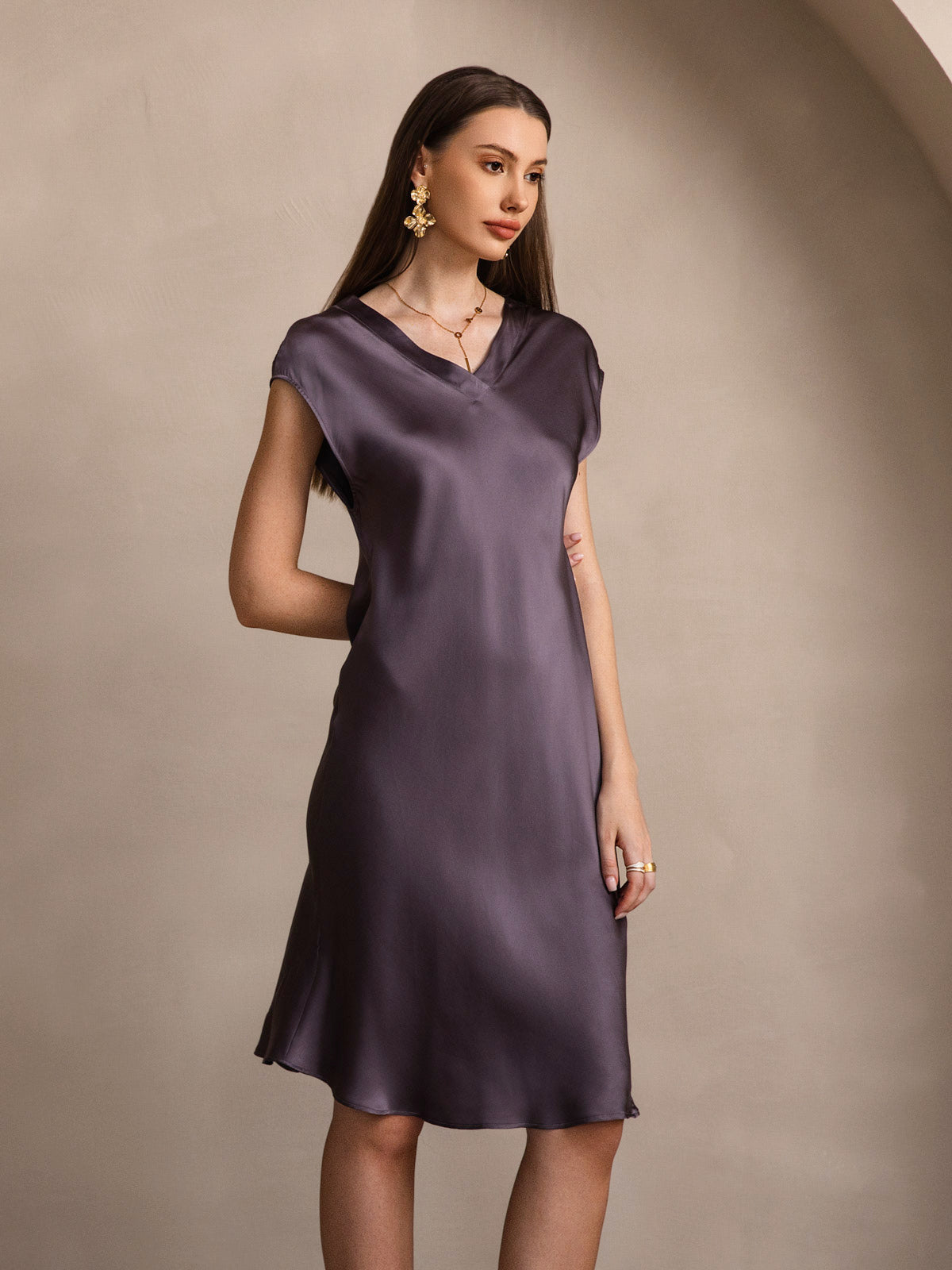 Pure Silk Elegant Short Sleeves Dress