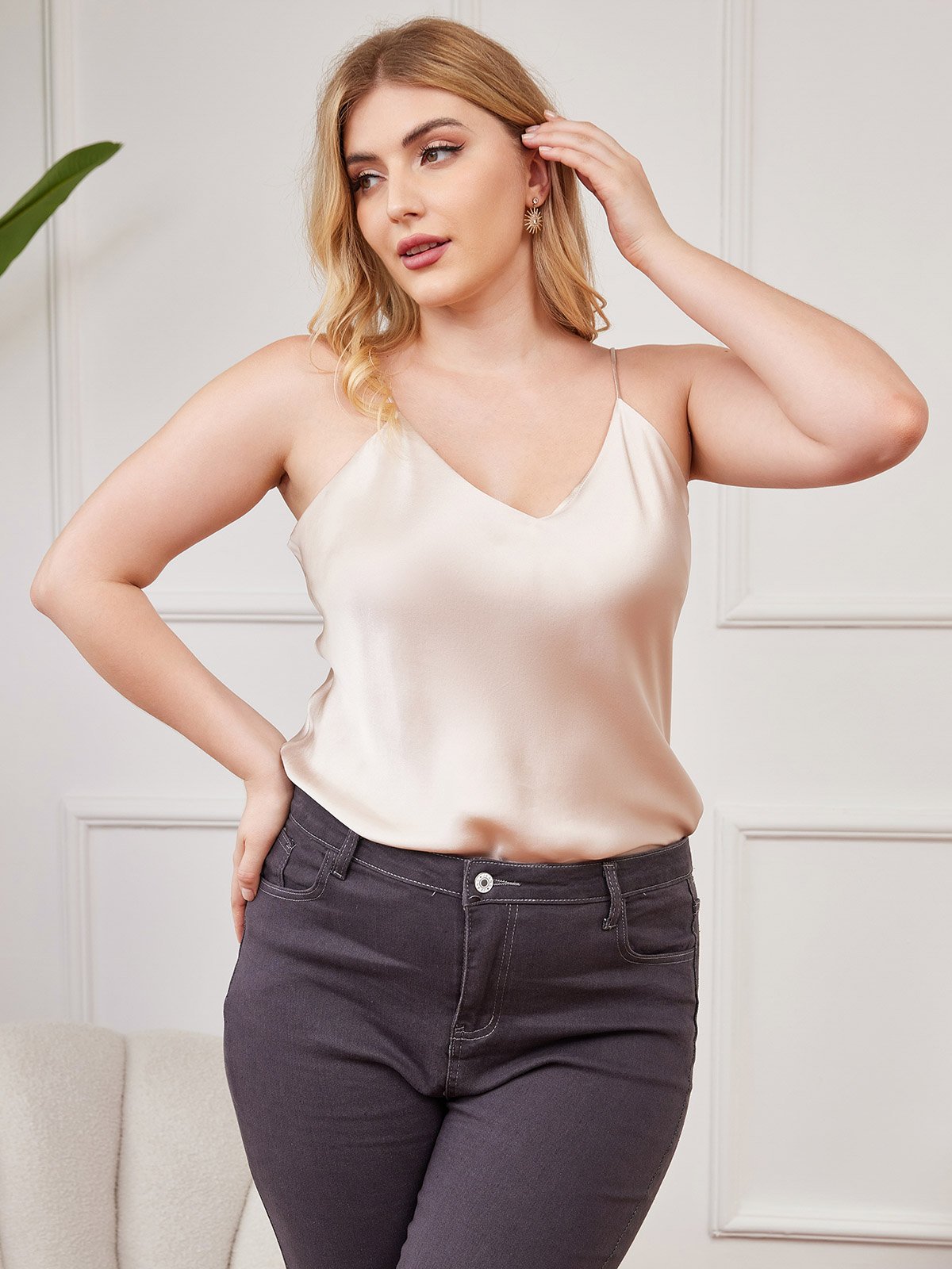 SilkSilky  Pure Silk Deep V Neck Plus Size Camisole Top Beige 001