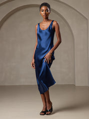 Pure Silk Solid Color Wide Strap Sleeveless Long Dress