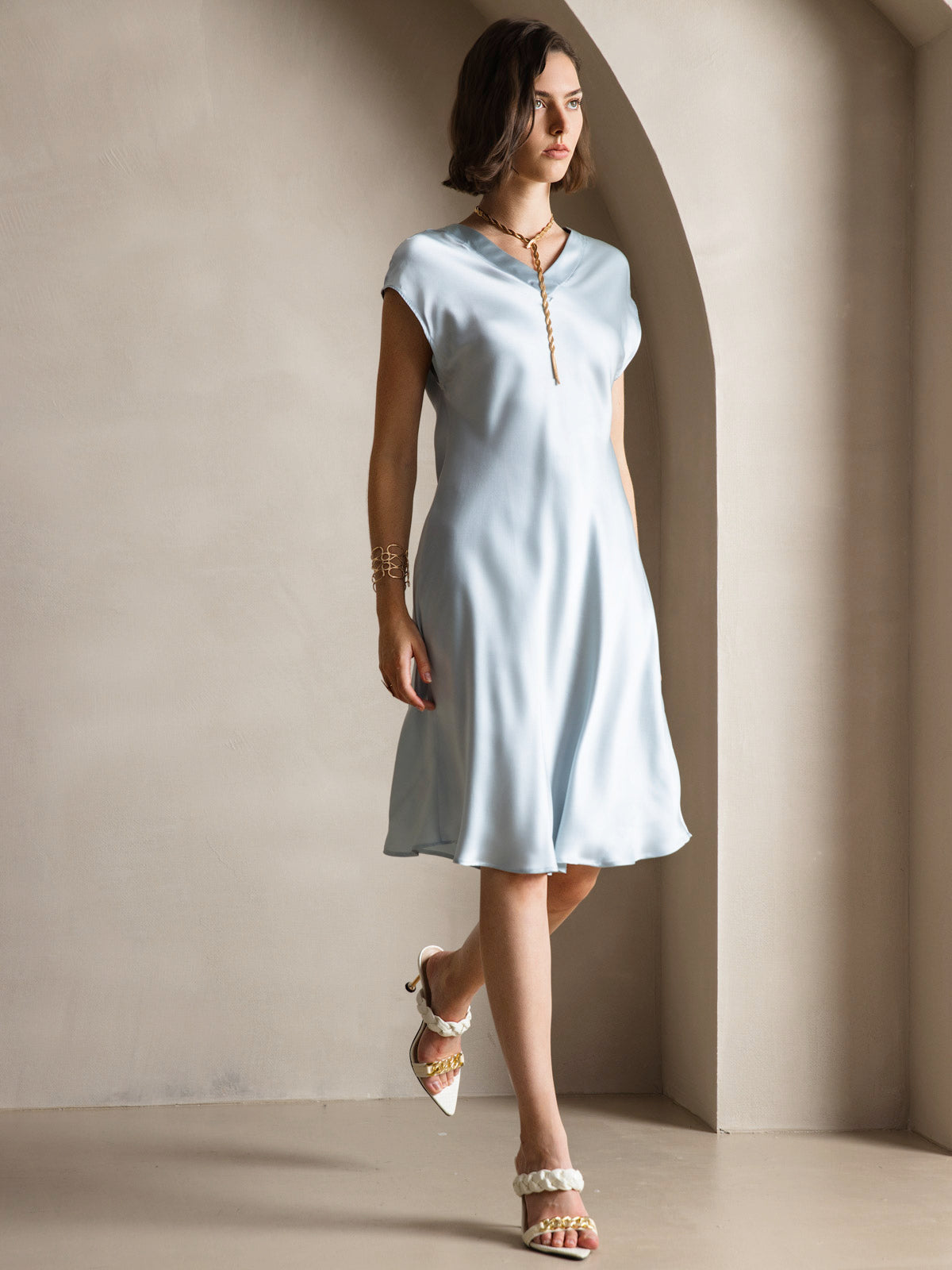 Pure Silk Elegant Short Sleeves Dress