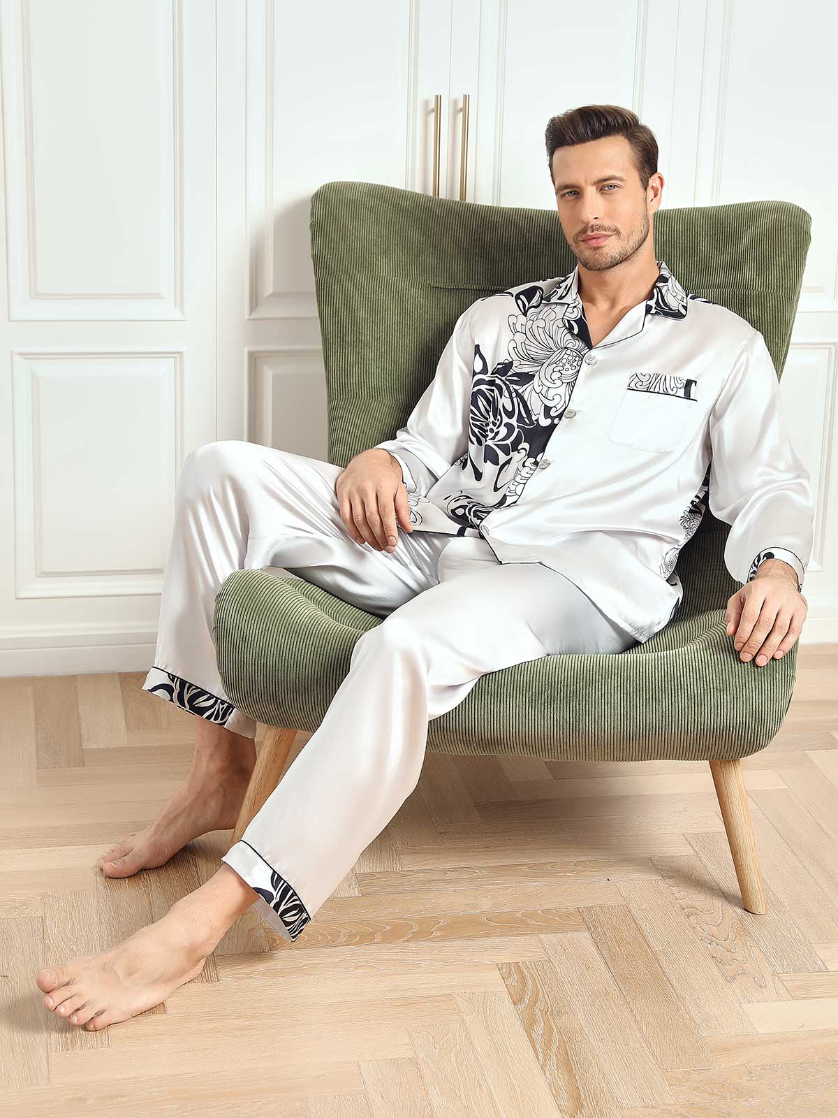 Pure Silk Men‘s Floral Printed Lapel Pajama Set