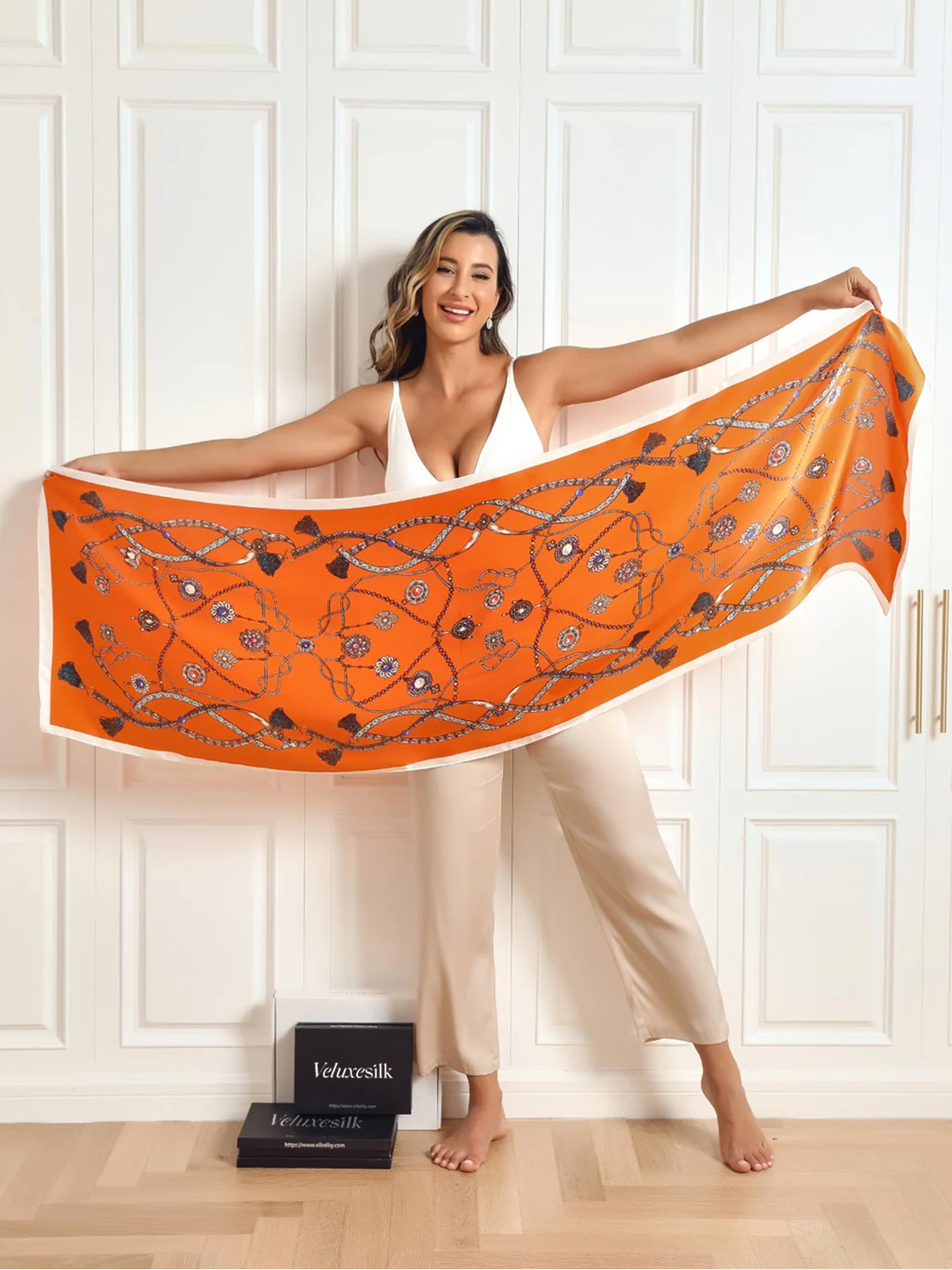 Pure Silk Printed Rectangular Long Shawl Scarf 170x53cm