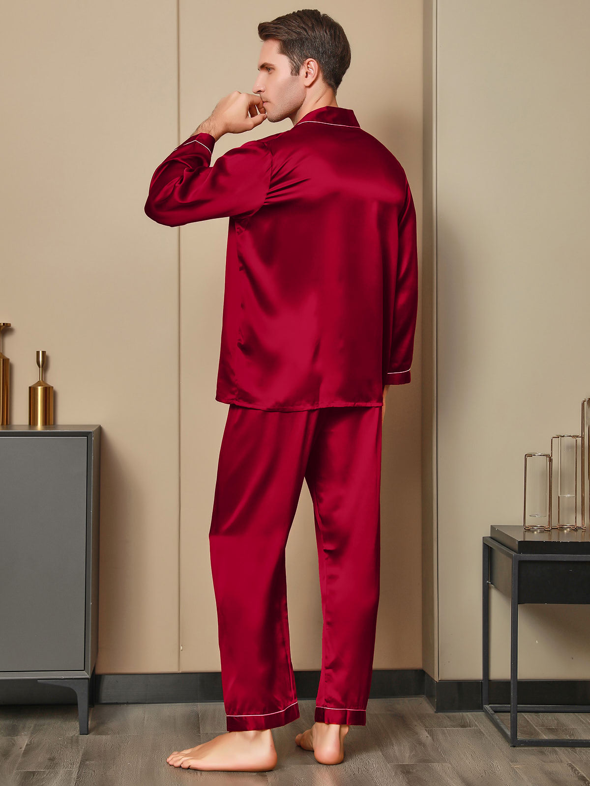 Luxurious Silk Men's Lapel Pajamas 2Pcs