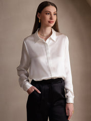 SilkSilky US 19Momme Silk Blend Long Sleeve Collar Women's Shirt White 001