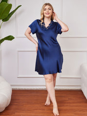 Pure Silk Lace Neck Split Hem Plus Size Nightgown