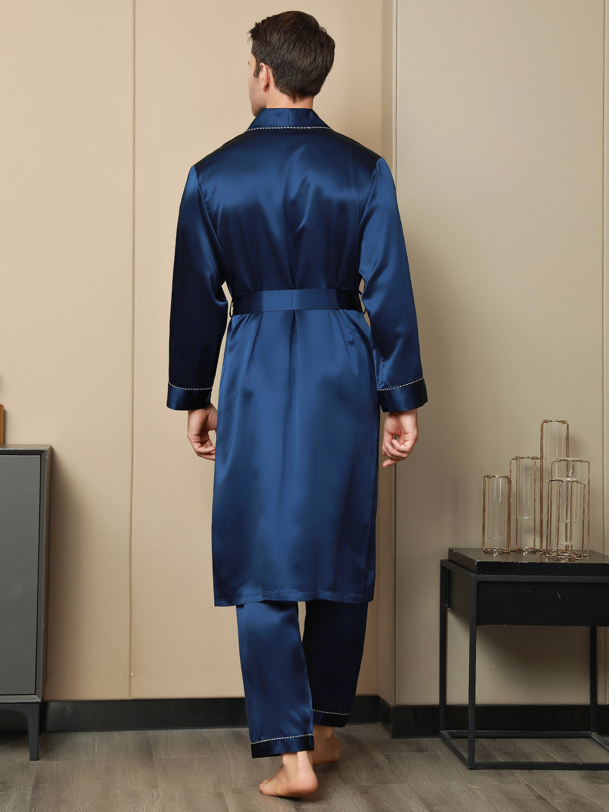 Pure Silk Contrast Piping Belted Robe (Without Pants)