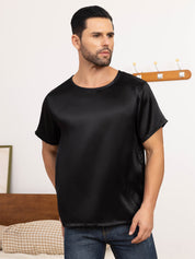 SilkSilky US Pure Silk Short Sleeve Round Neck Men's T Shirt Black 001