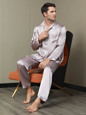 SilkSilky US 19Momme Pure Silk Long Sleeve Lapel Men's Pajamas PaleMauve 001