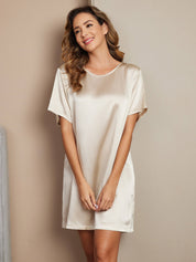 SilkSilky US Pure Silk Short Sleeve Round Neck Nightgown Champagne 001