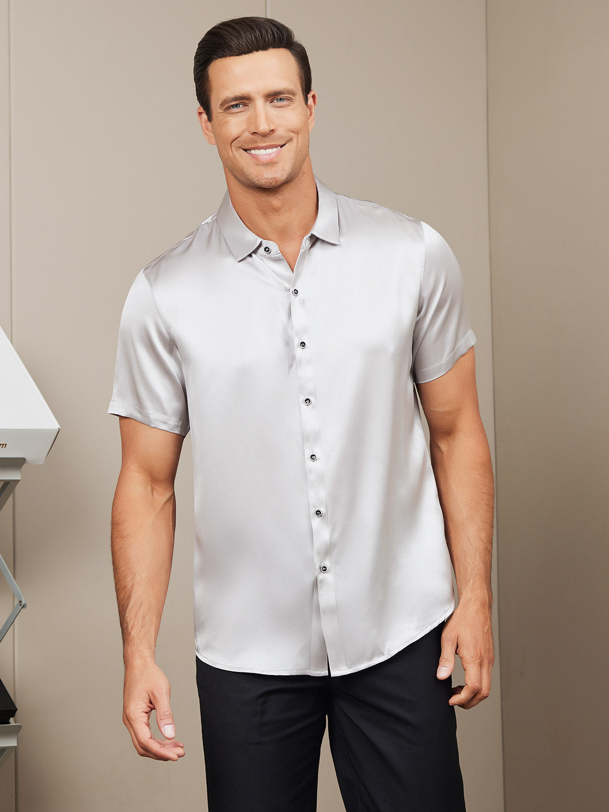 19Momme Mens Classic Short Sleeve Silk Shirt