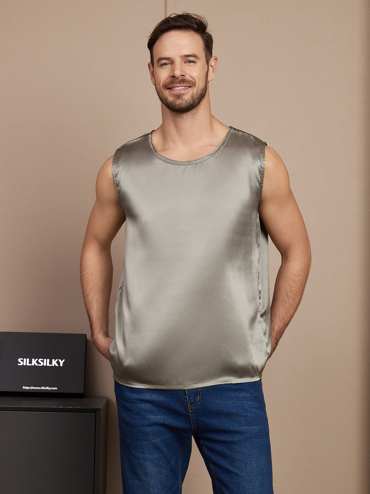 SilkSilky US Pure Silk Sleeveless Mens T Shirt GrayishGreen 001