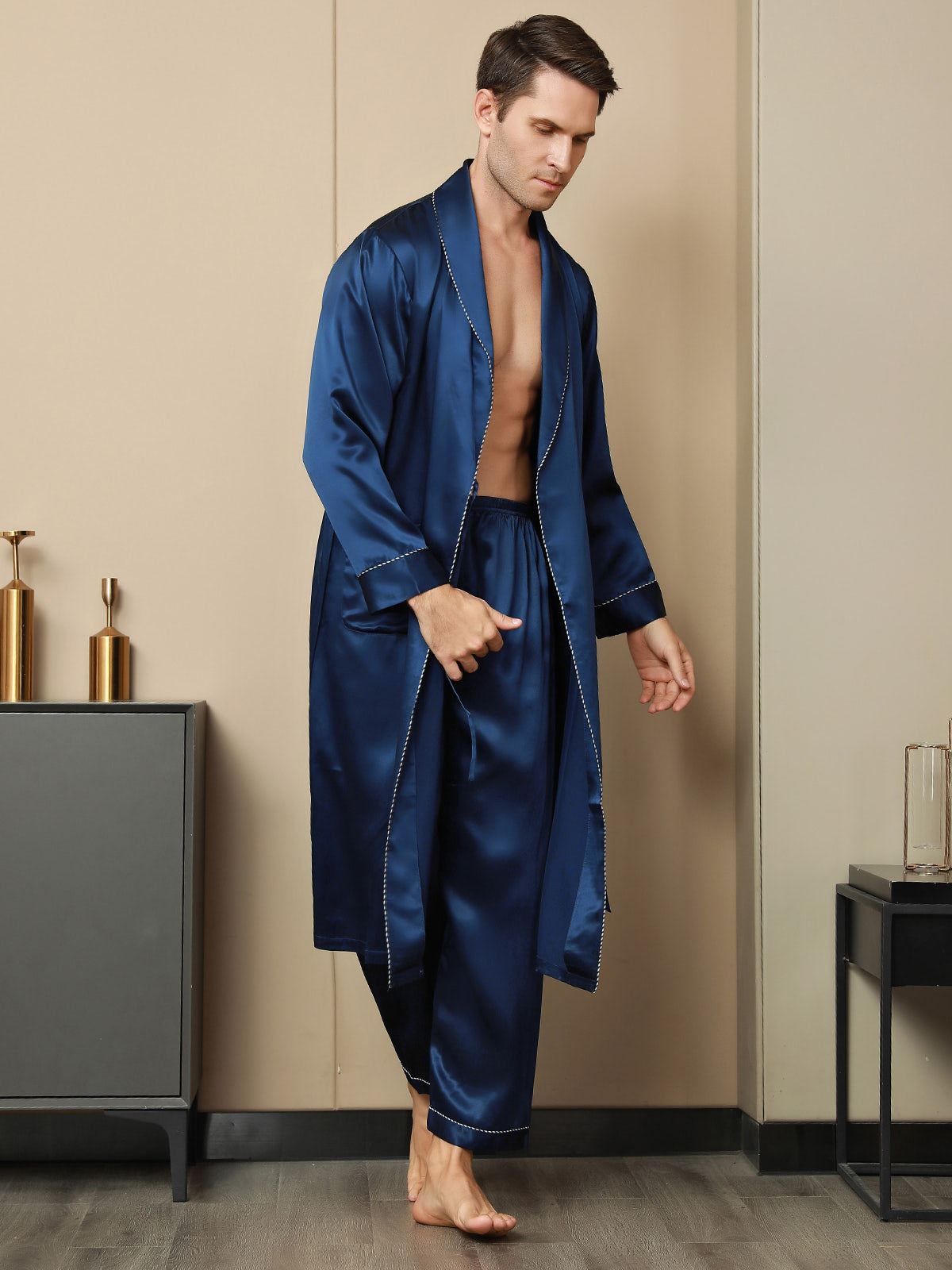 Pure Silk Contrast Piping Belted Robe (Without Pants)