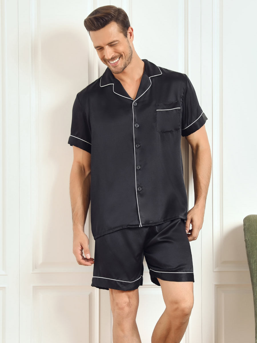 SilkSilky US Pure Silk Short Sleeve Mens Pajamas Black 001