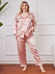 SilkSilky US Pure Silk Long Sleeve Lapel Plus Size Pajamas Pink 001