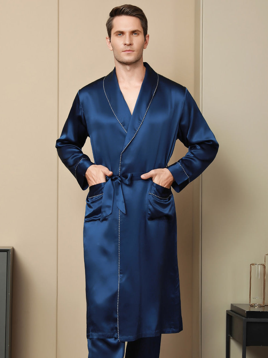 SilkSilky US Pure Silk Long Sleeve Lapel Men's Robe DarkBlue 001