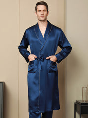 SilkSilky US Pure Silk Long Sleeve Lapel Men's Robe DarkBlue 001