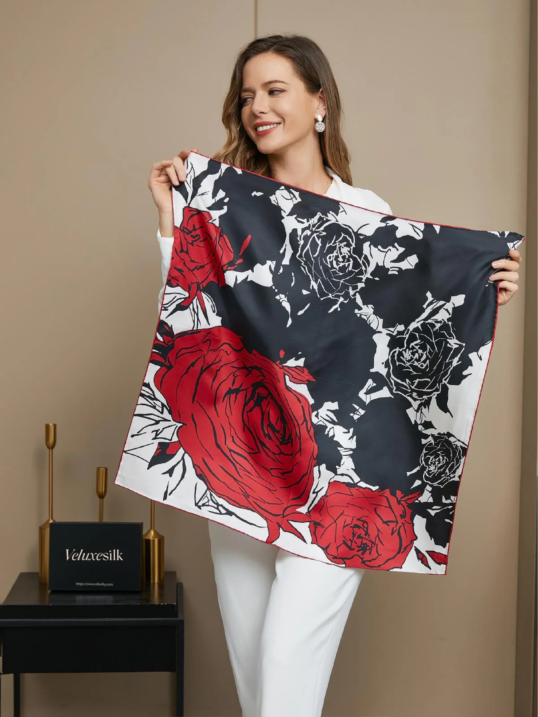 Pure Silk Rose Floral Pattern Square Scarf 65x65cm