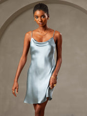 Pure Silk Solid Color Lounge Cowl Neck Short Dress