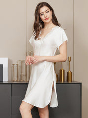 Silk Lace Neck Split Hem Sexy Nightgown