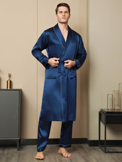 Pure Silk Contrast Piping Belted Robe & Pants Set