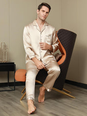 SilkSilky US Pure Silk Long Sleeve Lapel Men's Pajamas Tan 001