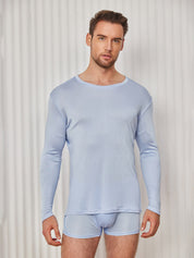 SilkSilky US Silk Knitted Long Sleeve Round Neck Men's T Shirt LightBlue 001