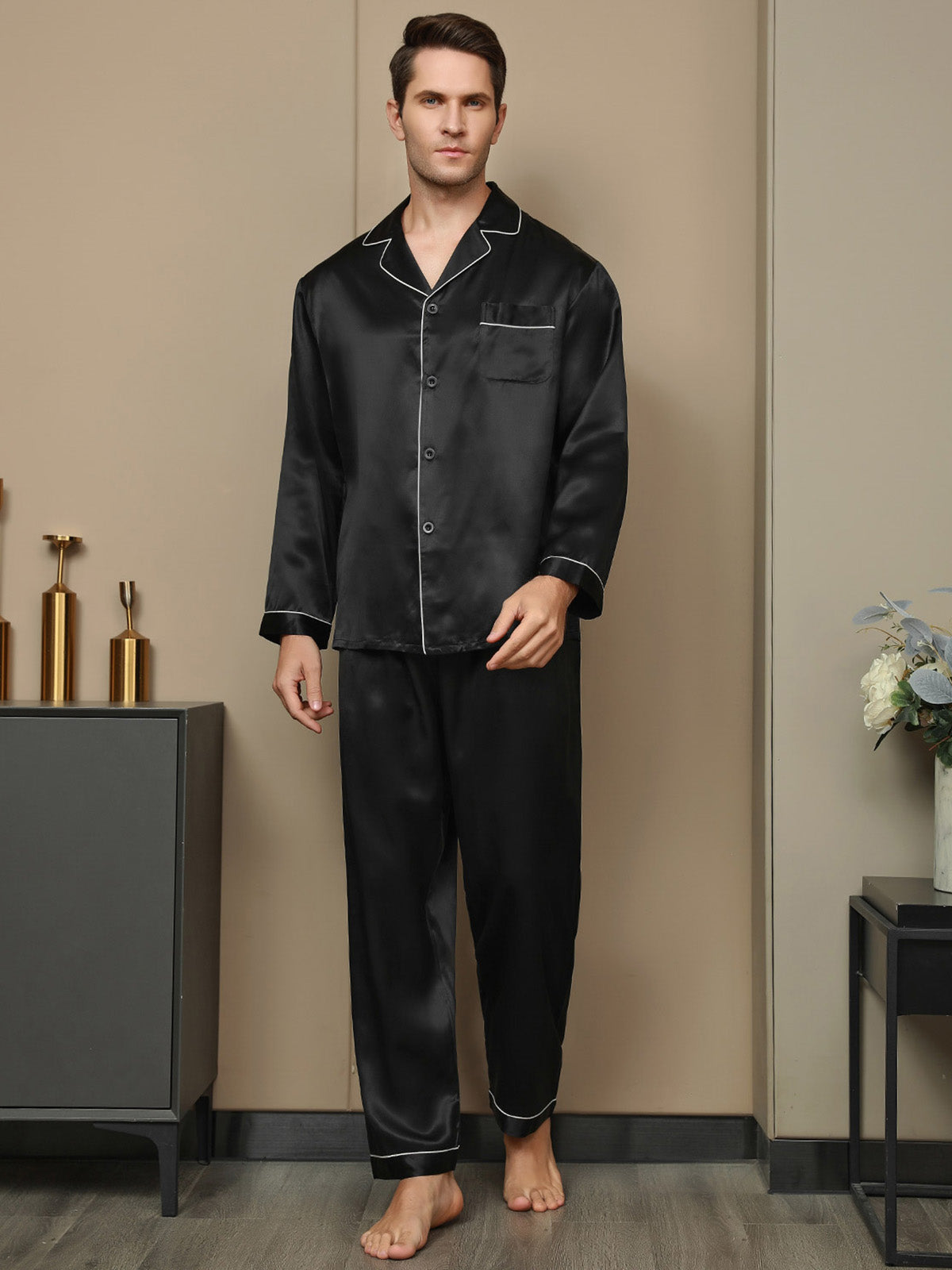 Luxurious Silk Men's Lapel Pajamas 2Pcs