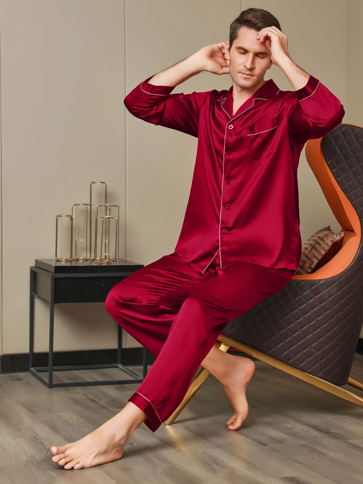 Luxurious Silk Men's Lapel Pajamas 2Pcs