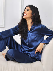 SilkSilky US Pure Silk Long Sleeve Lapel Women's Pajamas DarkBlue 001