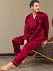 SilkSilky US Pure Silk Long Sleeve Lapel Men's Pajamas Wine 001