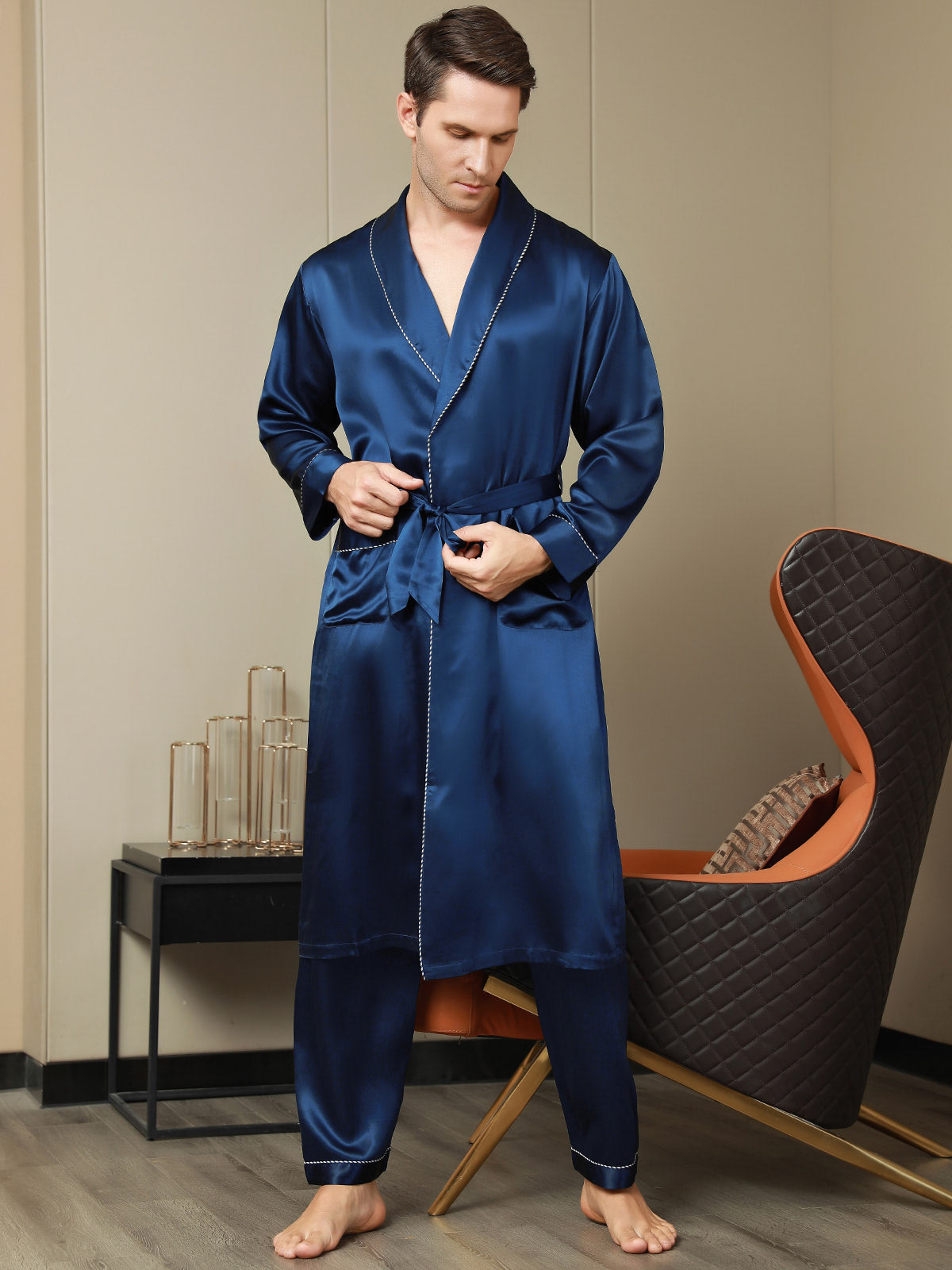 Pure Silk Contrast Piping Belted Robe (Without Pants)