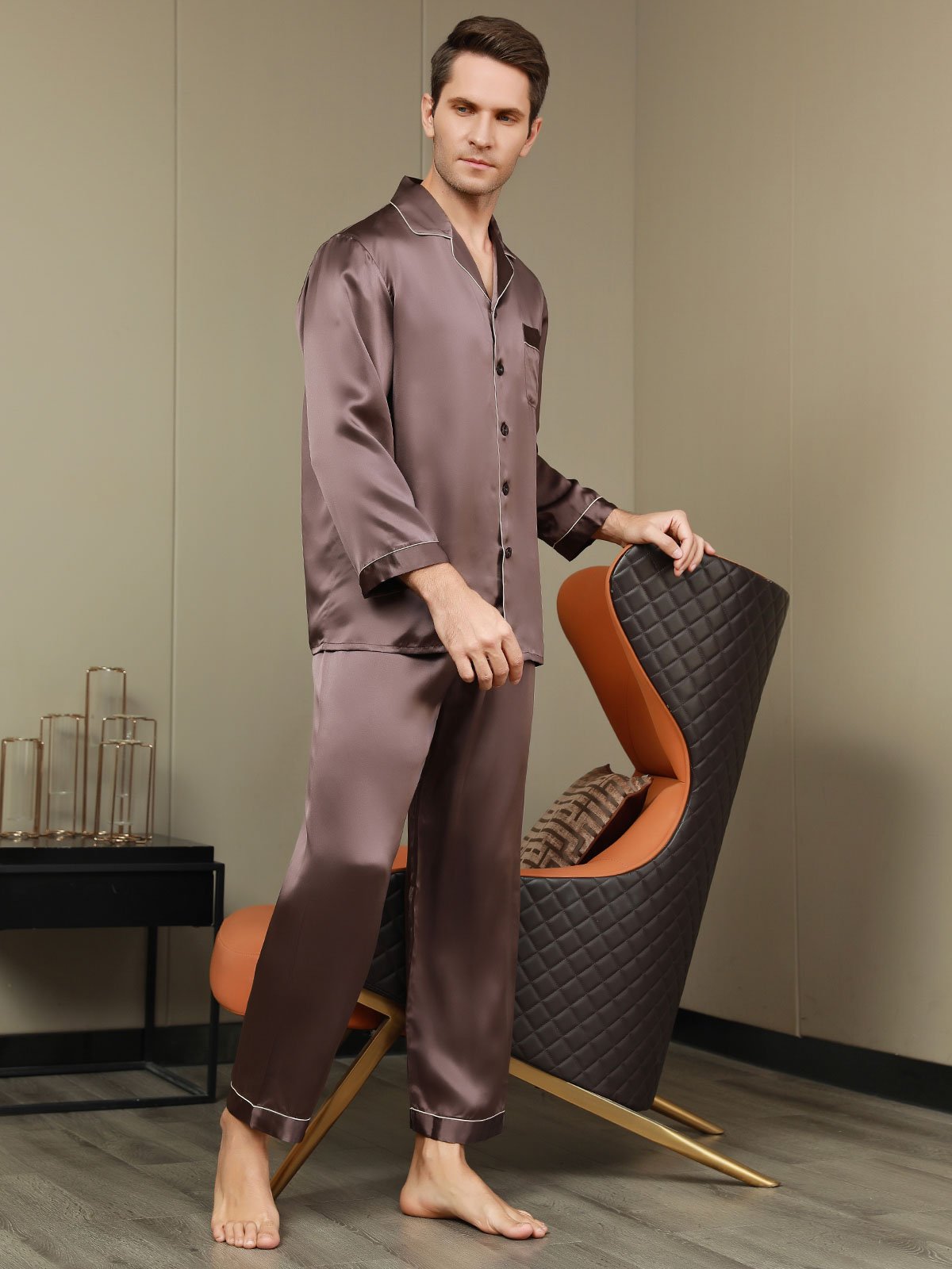 Pure Silk Men‘s Lapel Pajama Set 2Pcs