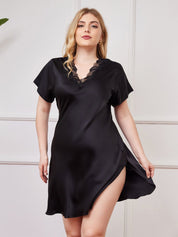 SilkSilky US Pure Silk Short Sleeve V Neck Plus Size Nightgown Black 001