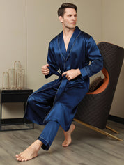 Pure Silk Contrast Piping Belted Robe & Pants Set