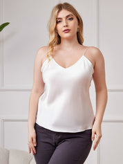 SilkSilky  Pure Silk Deep V Neck Plus Size Camisole Top White 001