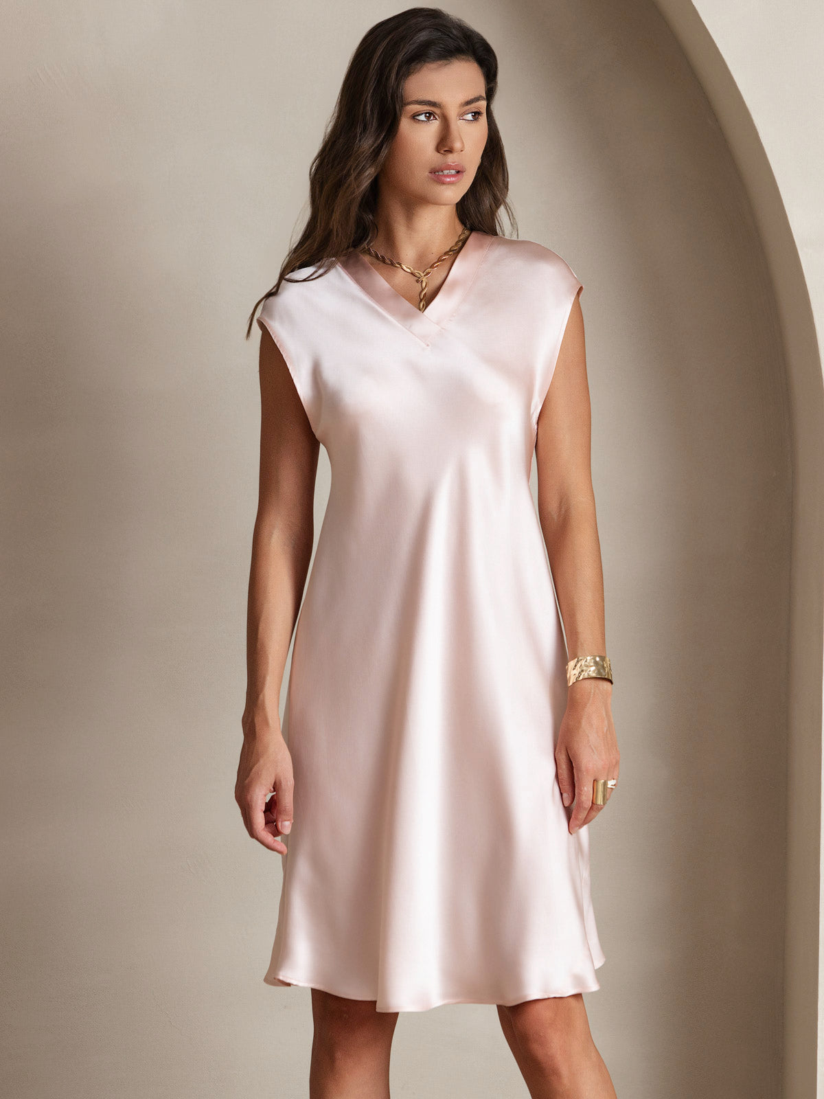 Pure Silk Elegant Short Sleeves Dress