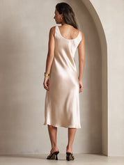 Pure Silk Solid Color Wide Strap Sleeveless Long Dress